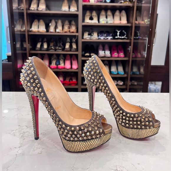 Rare Christian Louboutin Lady Peep Spikes Hematite/Bronze Strass 37.5 - Picture 3 of 15